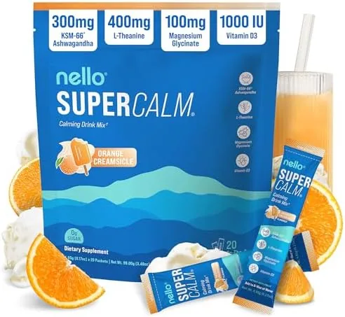 nello supercalm powdered drink mix cortisol reducer and sleep aid supplement l theanine ksm 66 ashwagandha magnesium glycinate vitamin d 3 no sugar non gmo on the go 20 ct orange creamsicle