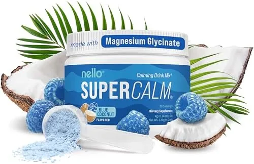 nello supercalm powdered drink mix tub cortisol reducer and sleep aid supplement l theanine ksm 66 ashwagandha magnesium glycinate vitamin d 3 no sugar non gmo on the go 30 ct blue coconut