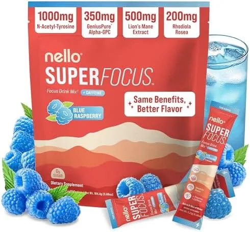 nello superfocus nootropic focus drink mix for productivity l theanine rhodiola rosea alpha gpc lions mane tyrosine sugar free packets 20 servings caffeine blue raspberry