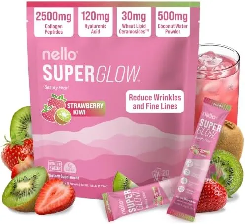 nello superglow powdered drink mix skin hydration glow hair support collagen peptides hyaluronic acid ceramosides biotin vitamin c 20 stick packs strawberry kiwi